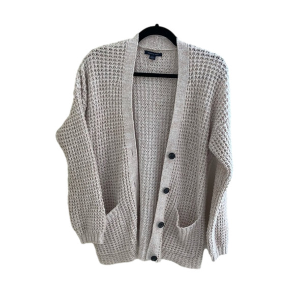 AMERICAN Eagle Cotton Blend Chunky Knit Button Cardigan, Oatmeal, Size M - Picture 2 of 8